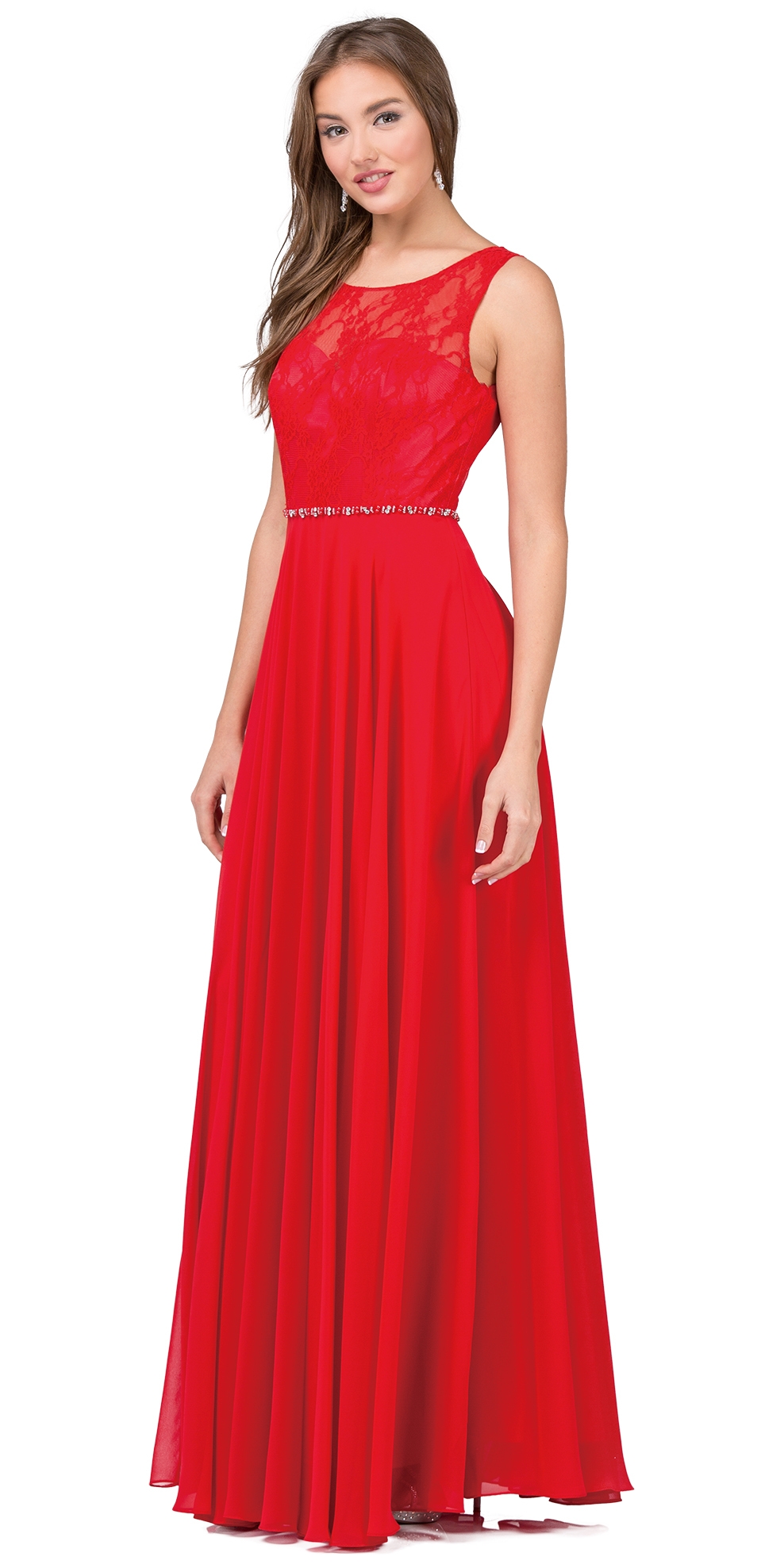 Lace Bodice Beaded Waist Long Chiffon Bridesmaid Dress — in Red