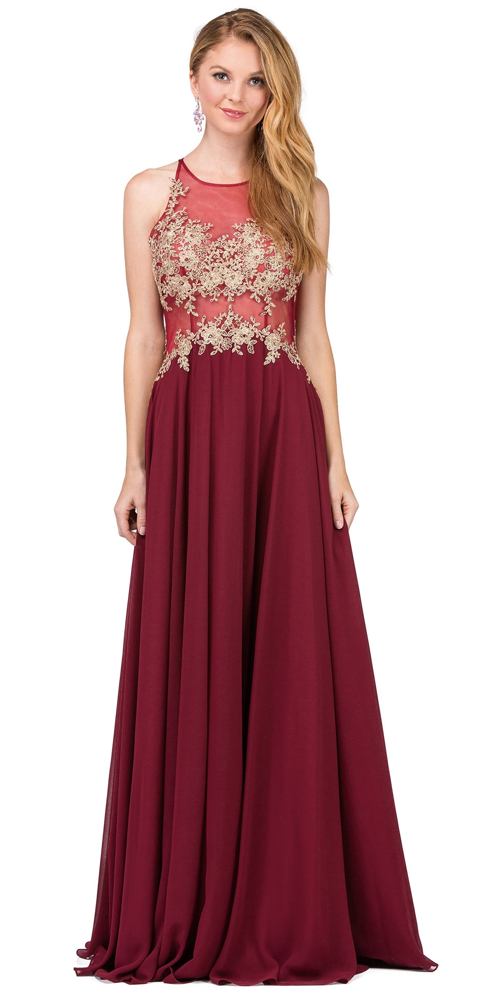 Lace Accent Sheer Mesh Bodice Long Prom Dress.