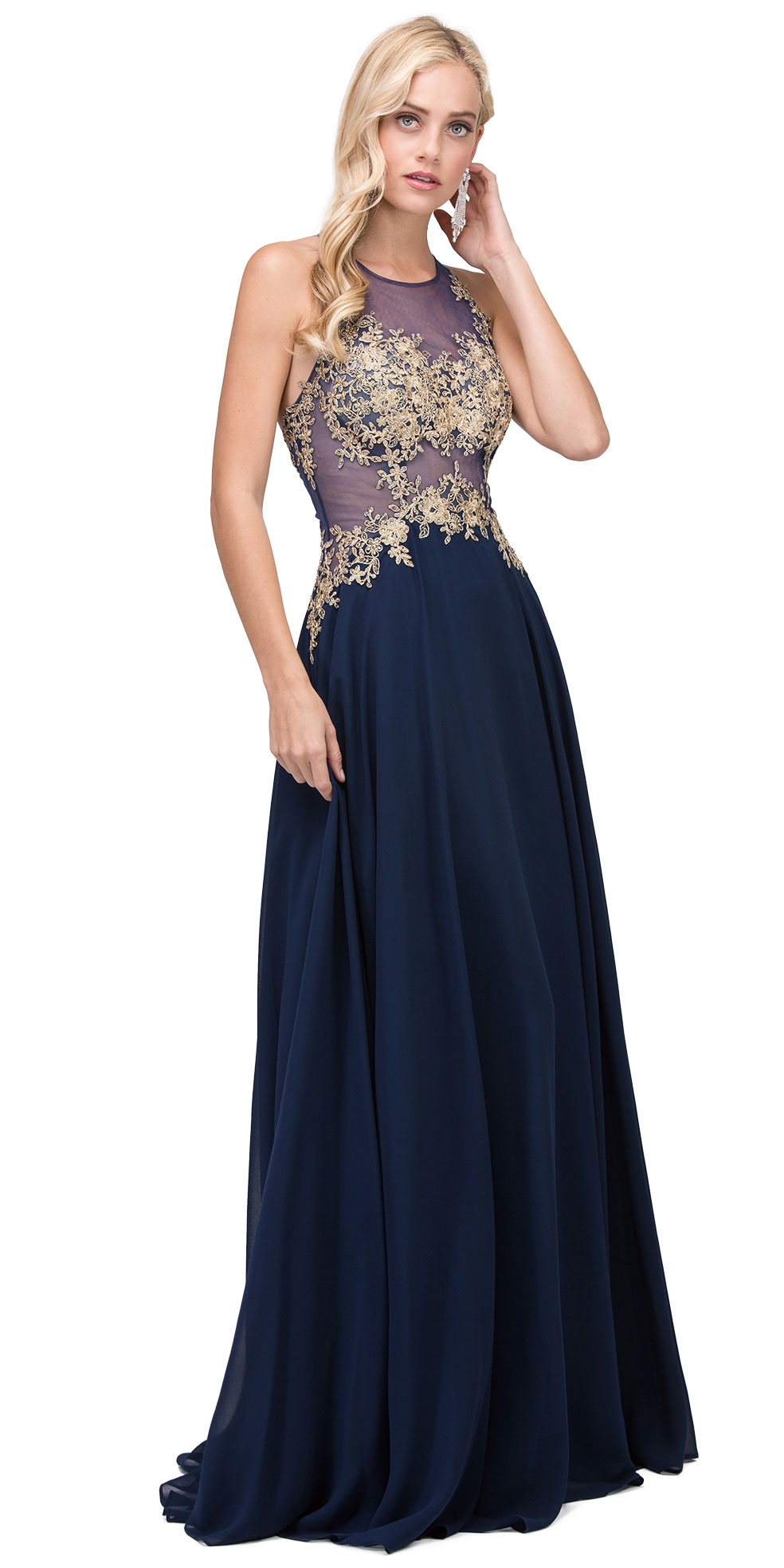 Lace Accent Sheer Mesh Bodice Long Prom Dress. — in Navy