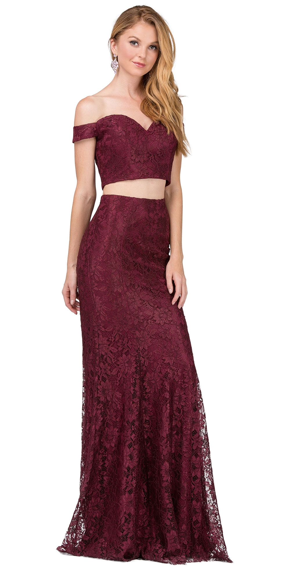 Off-the-Shoulder Floral Lace Two Piece Long Prom Dress — in Burgundy
