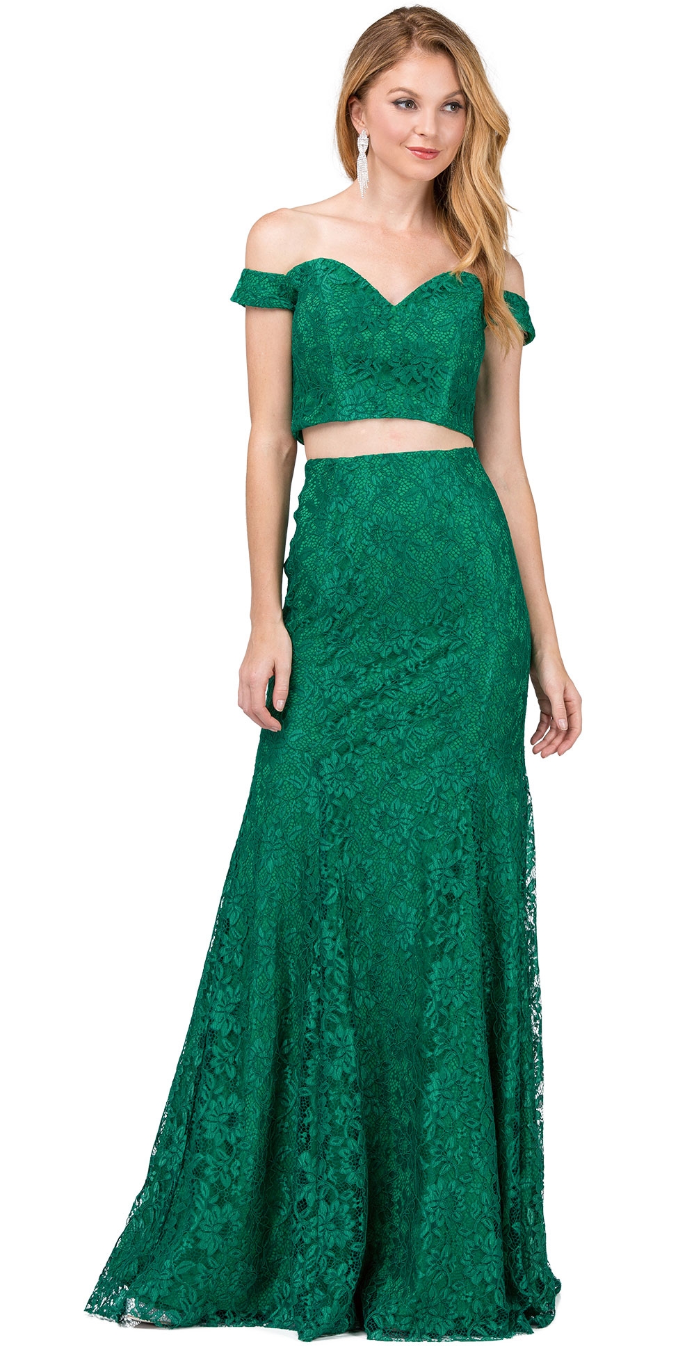 Off-the-Shoulder Floral Lace Two Piece Long Prom Dress