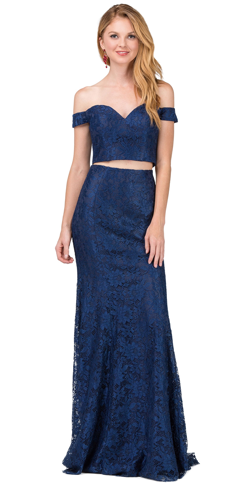 Off-the-Shoulder Floral Lace Two Piece Long Prom Dress — in Navy