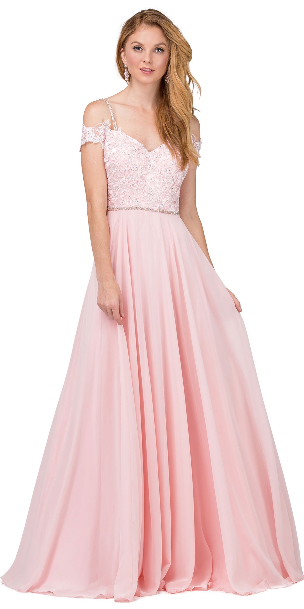 Cold Shoulder Beaded Lace Bodice Long Prom Dress — in Blush