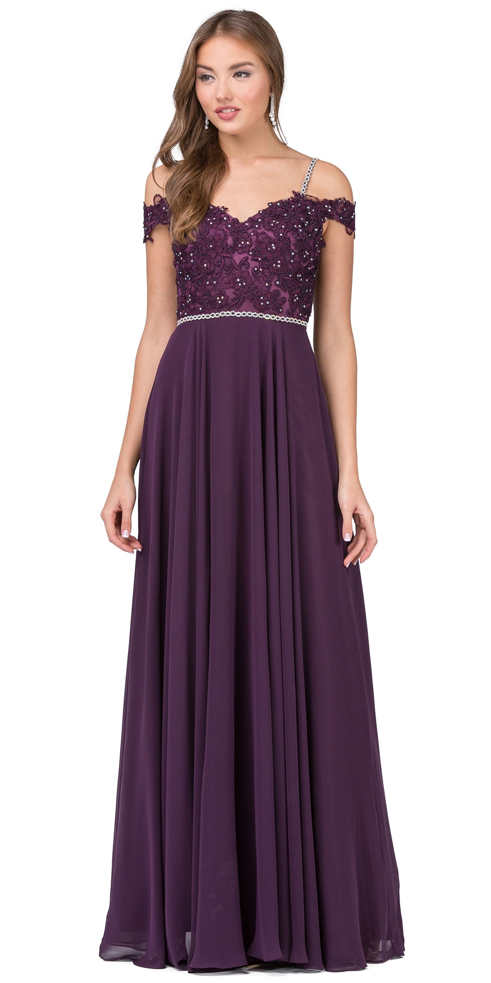 Cold Shoulder Beaded Lace Bodice Long Prom Dress — in Plum