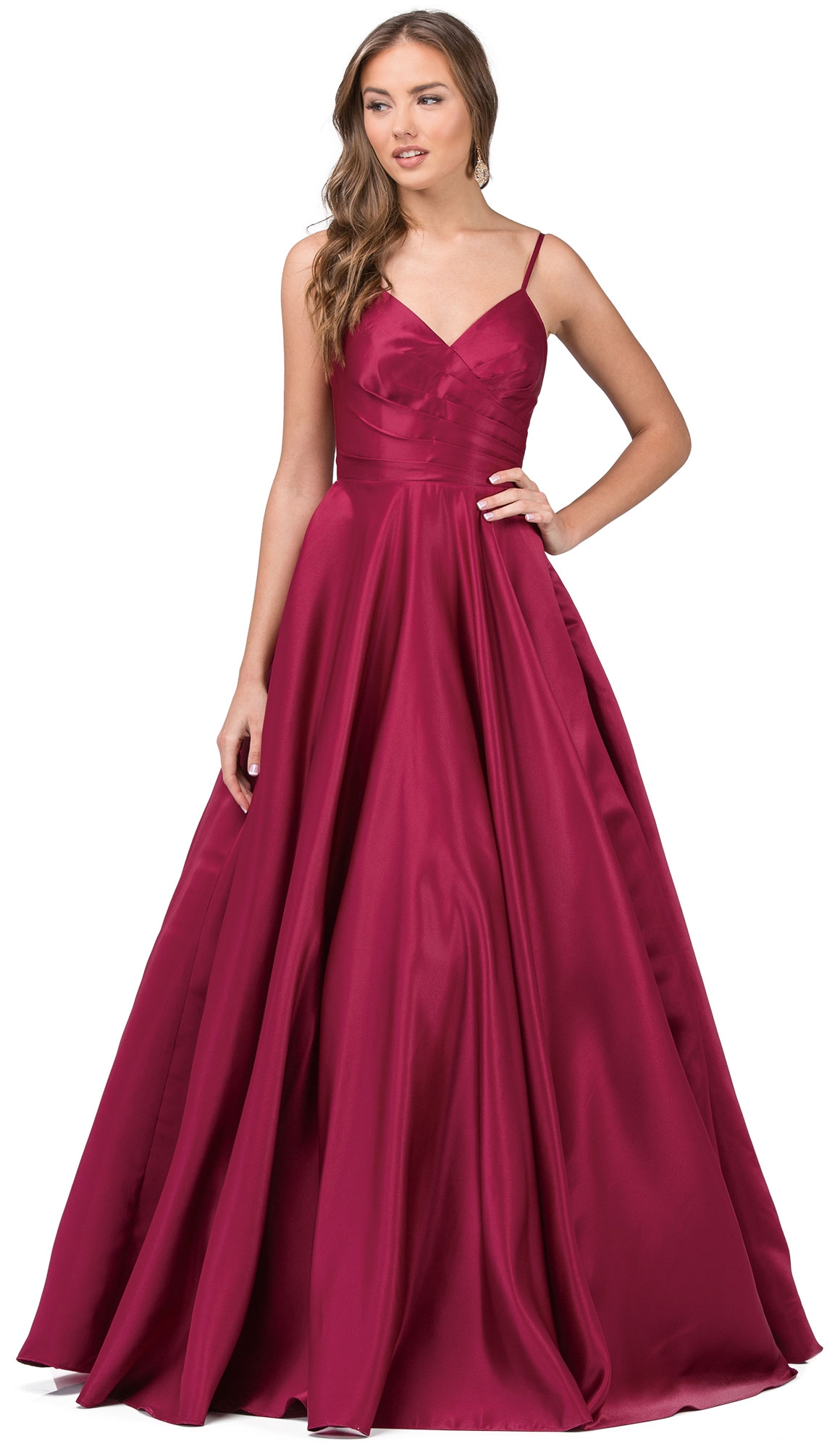 V-Neck Adjustable Straps Pleated Bust Long Prom Dress