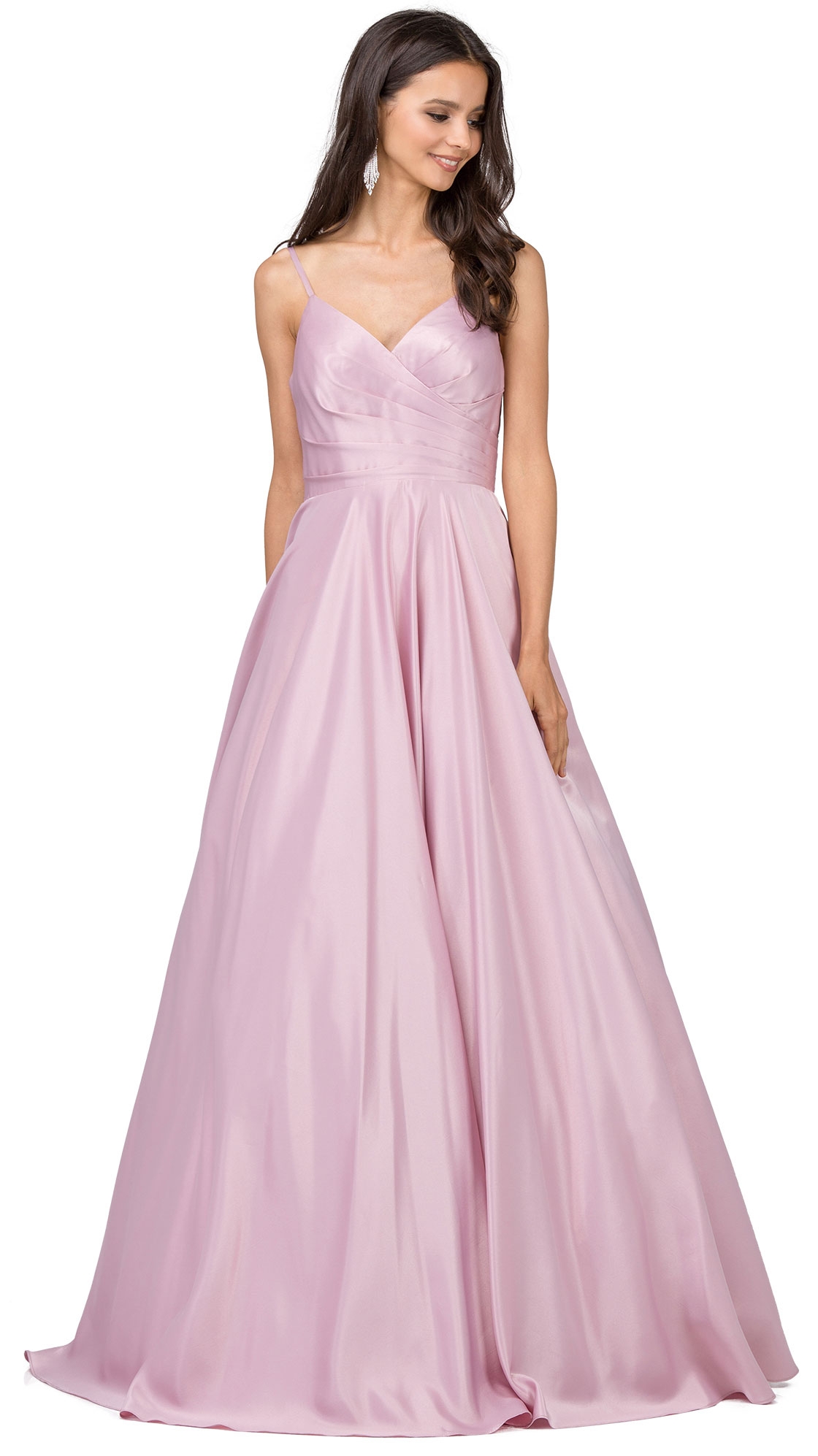 V-Neck Adjustable Straps Pleated Bust Long Prom Dress — in Dusty Pink
