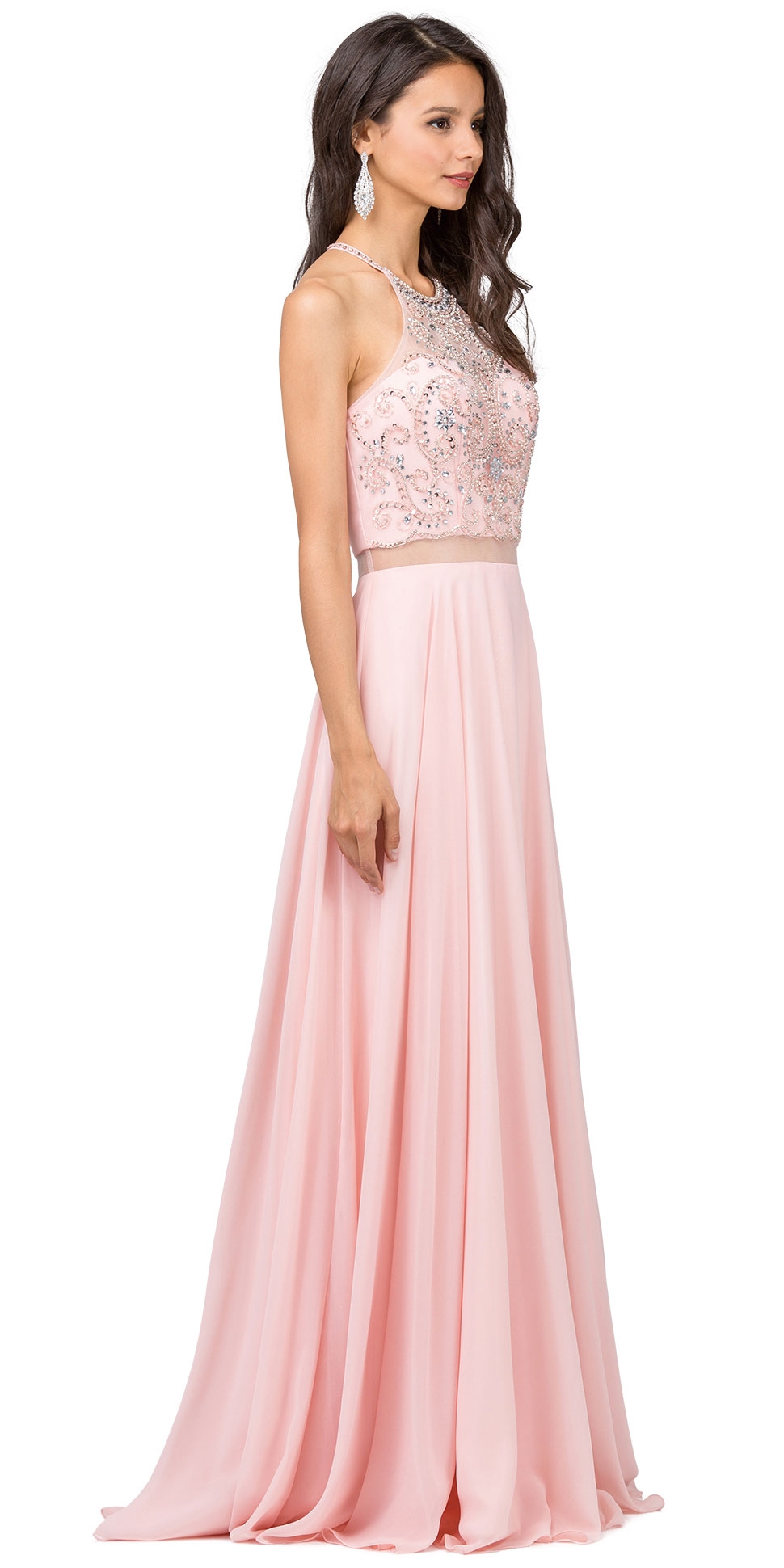A-line Rhinestones Bodice Sheer Waist Long Prom Dress — in Blush