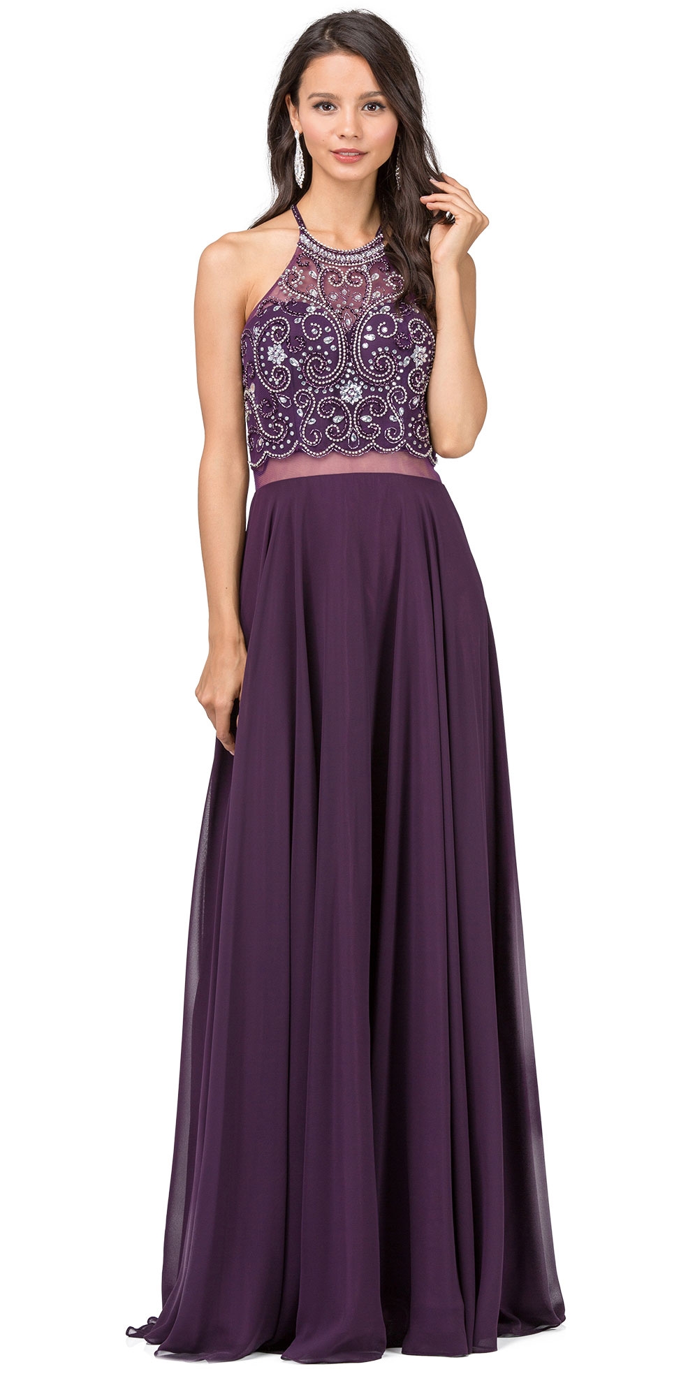 A-line Rhinestones Bodice Sheer Waist Long Prom Dress