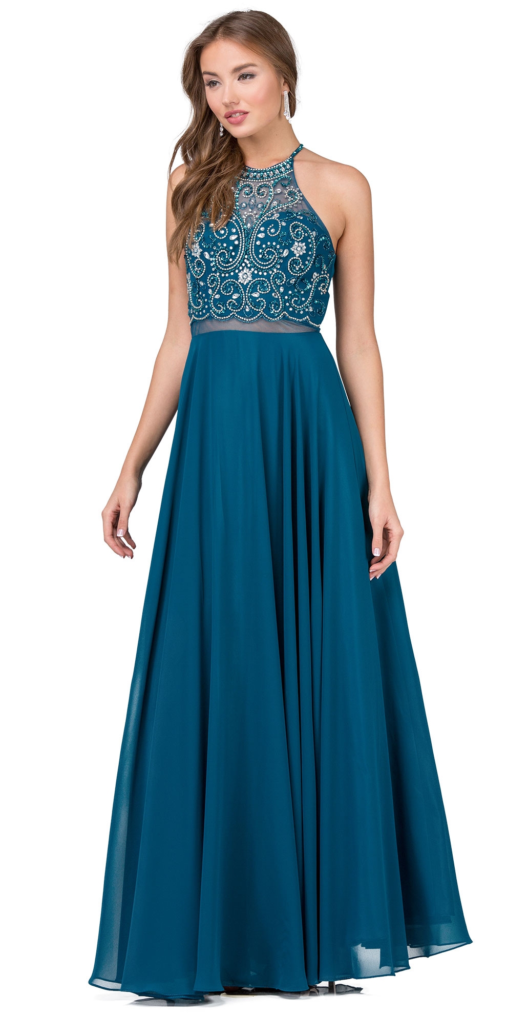 A-line Rhinestones Bodice Sheer Waist Long Prom Dress — in Teal