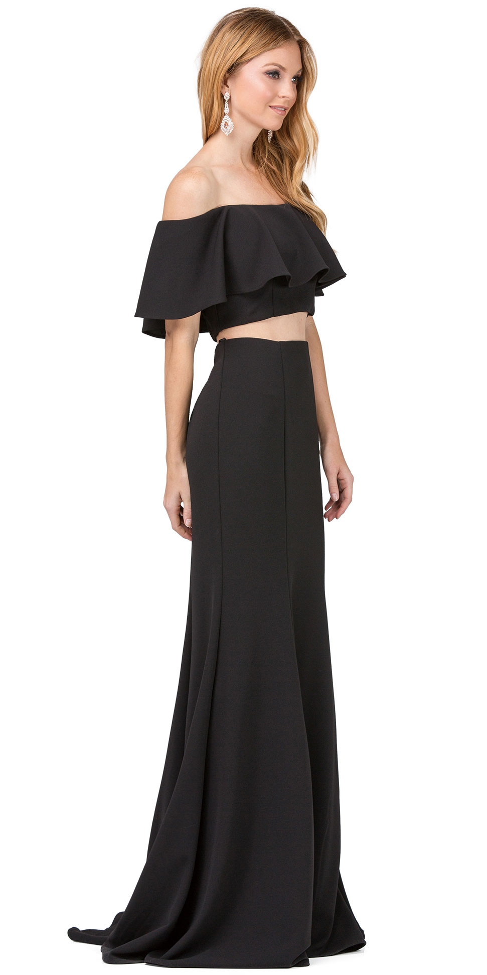 Off-shoulder Flounce Top Two Piece Long Prom Dress — in Black