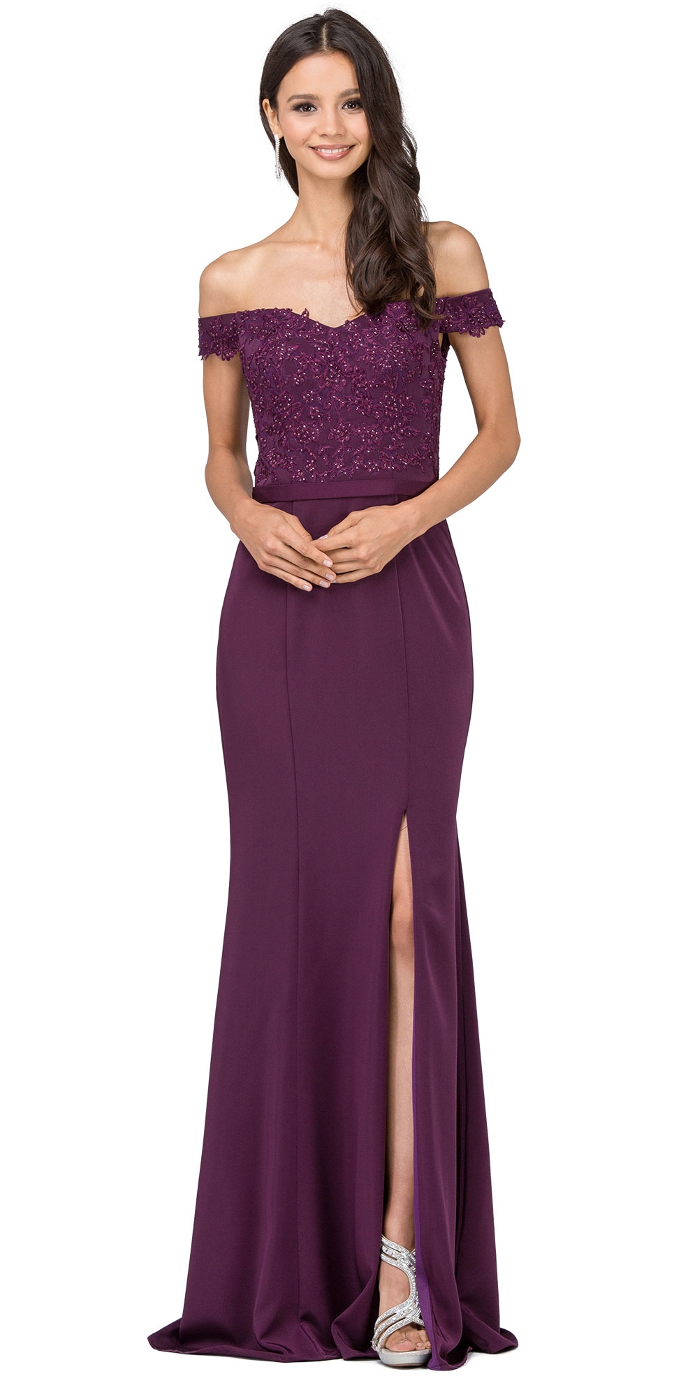 Off-the-Shoulder Lace Accent Top Long Prom Dress — in Plum