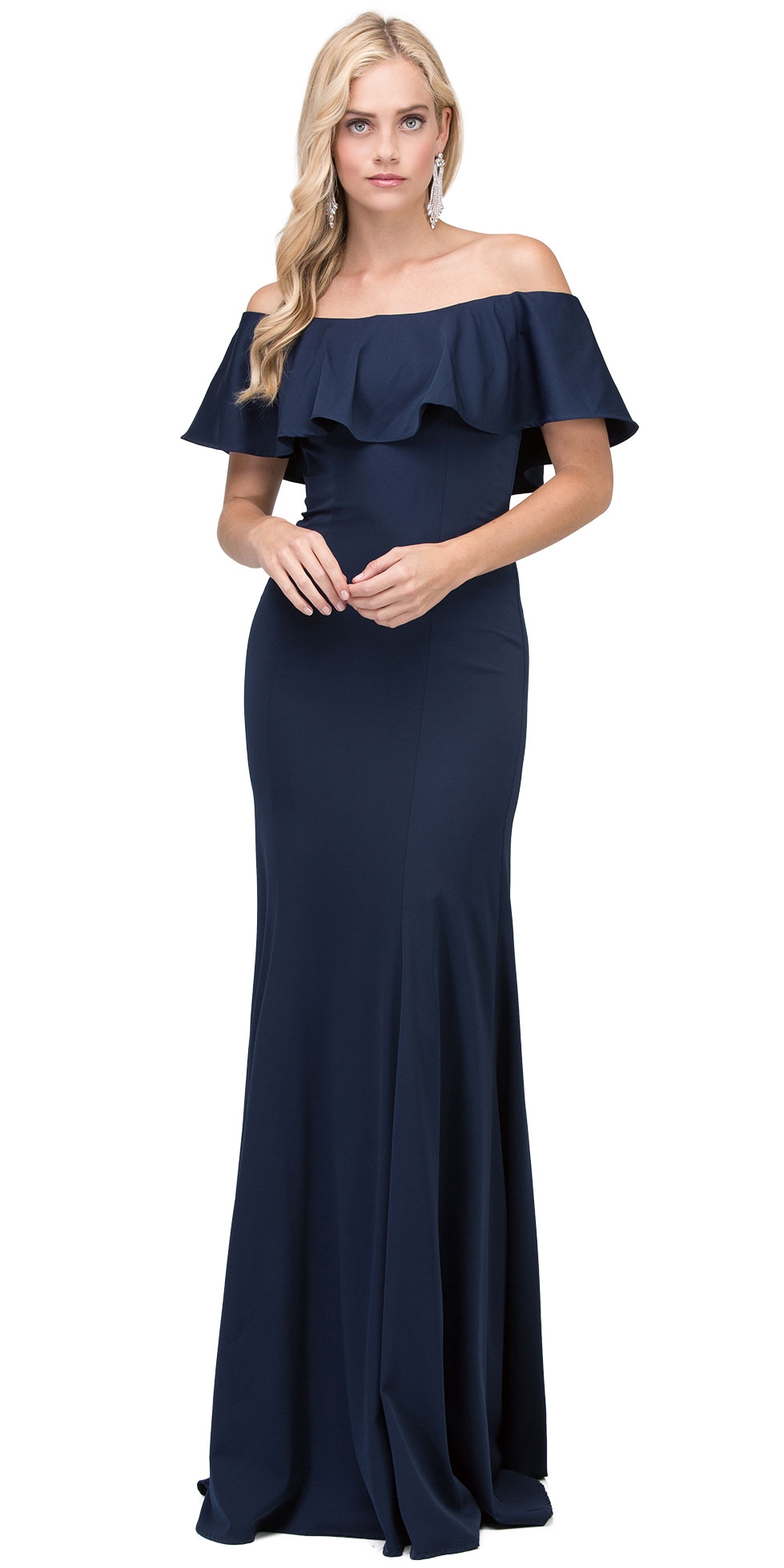 Ruffled Off-the-Shoulder Princess Cut Long Prom Dress — in Navy