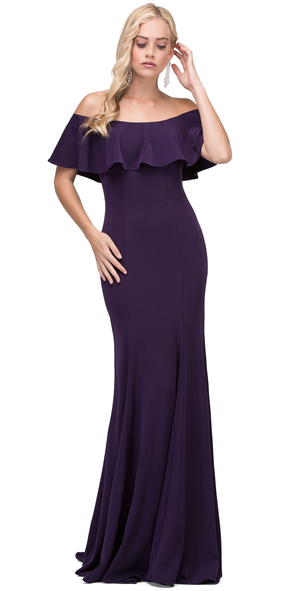 Ruffled Off-the-Shoulder Princess Cut Long Prom Dress — in Plum