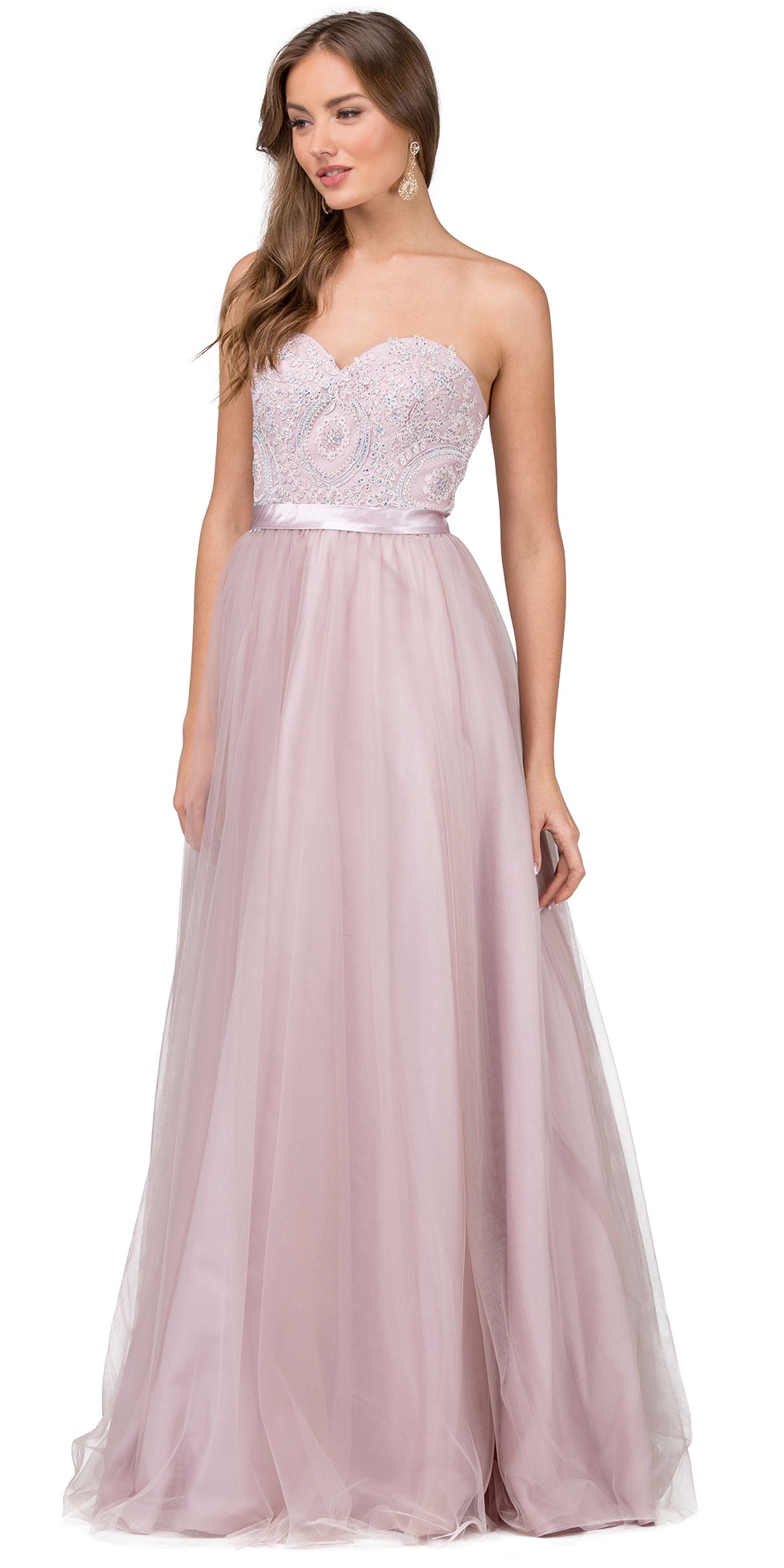 Strapless Beaded Bust Tulle Skirt Long Prom Dress