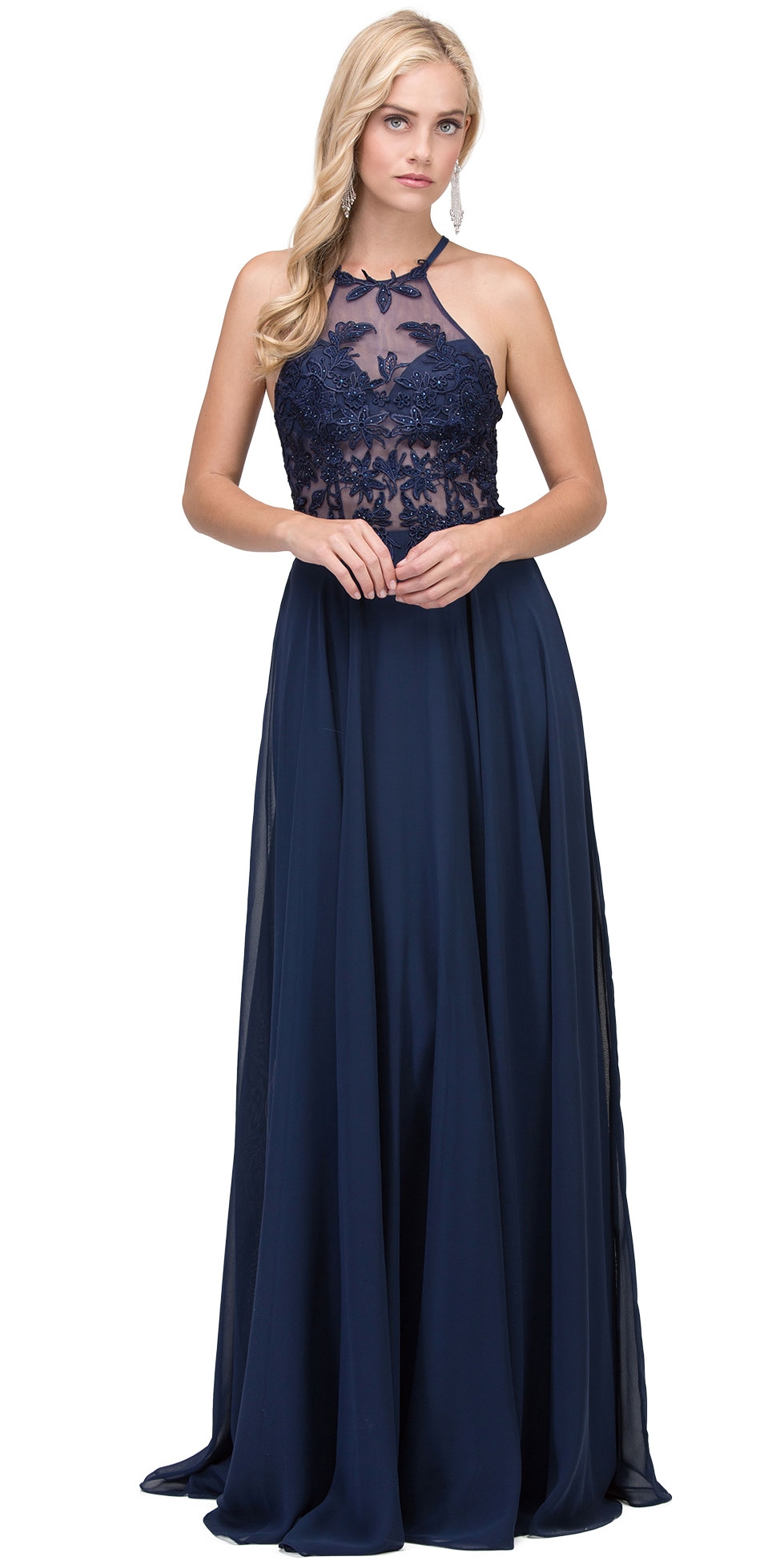 Lace Accent Sheer Mesh Top Chiffon Long Prom Dress — in Navy