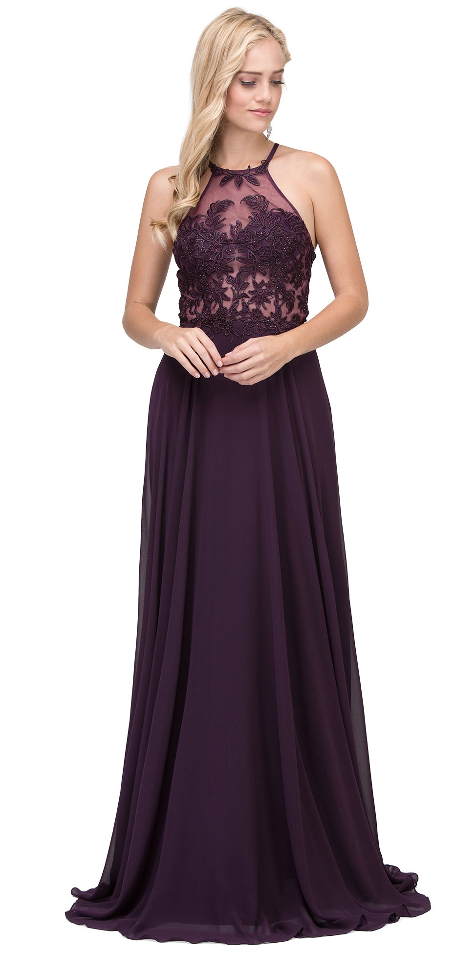 Lace Accent Sheer Mesh Top Chiffon Long Prom Dress
