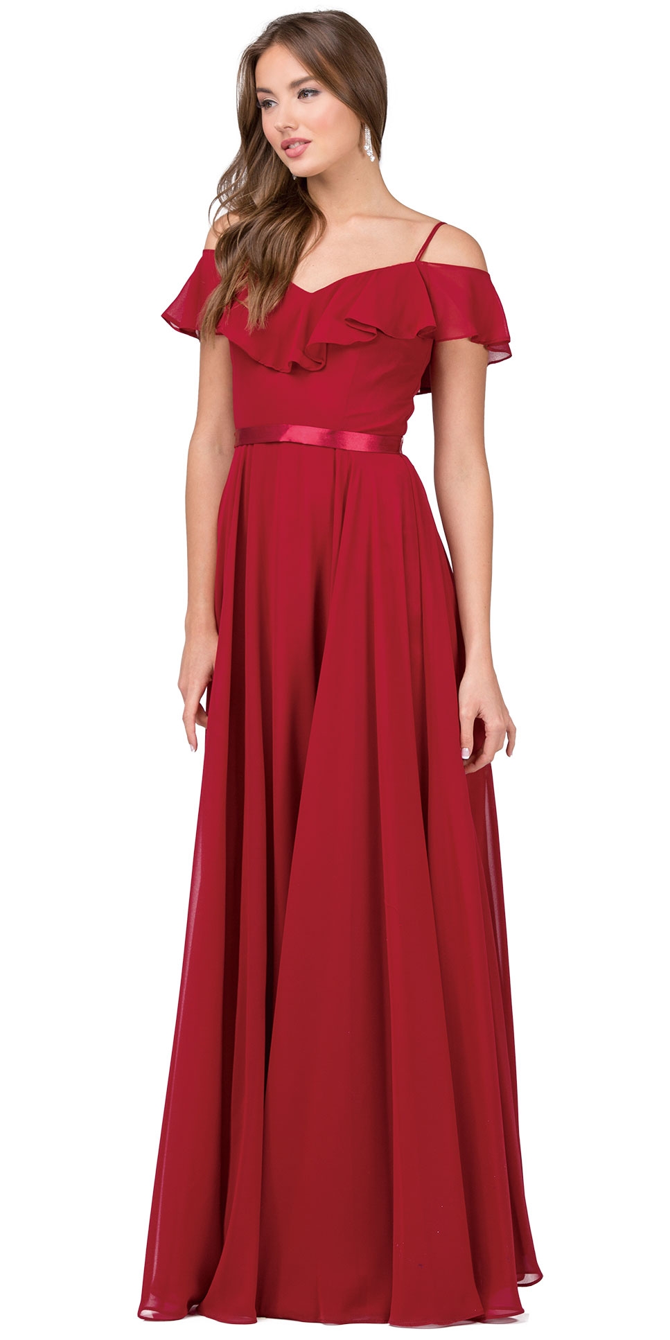 Cold Shoulder Frill Top Ribbon Waist Long Bridesmaid Dress — in Burgundy
