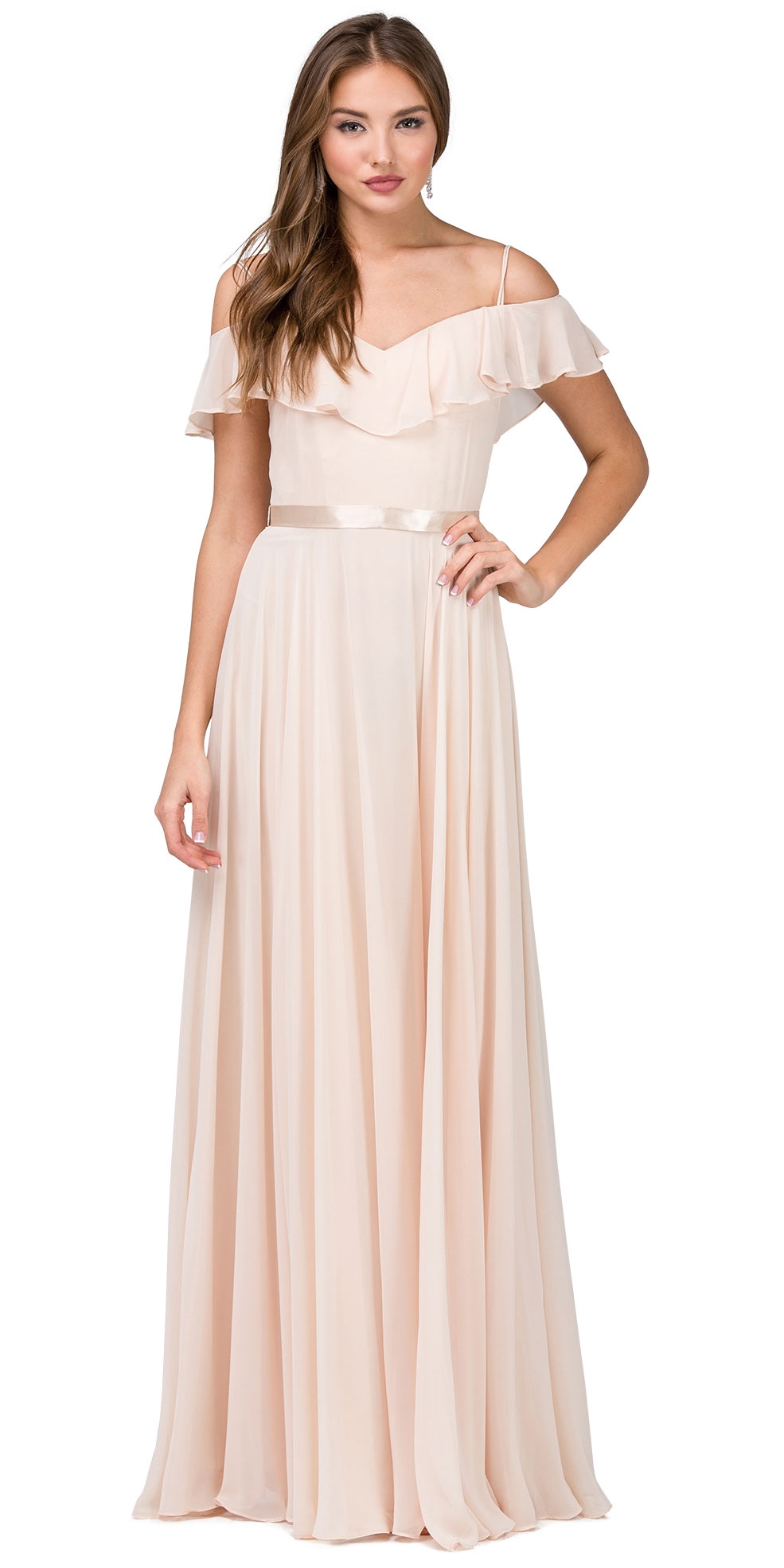 Cold Shoulder Frill Top Ribbon Waist Long Bridesmaid Dress