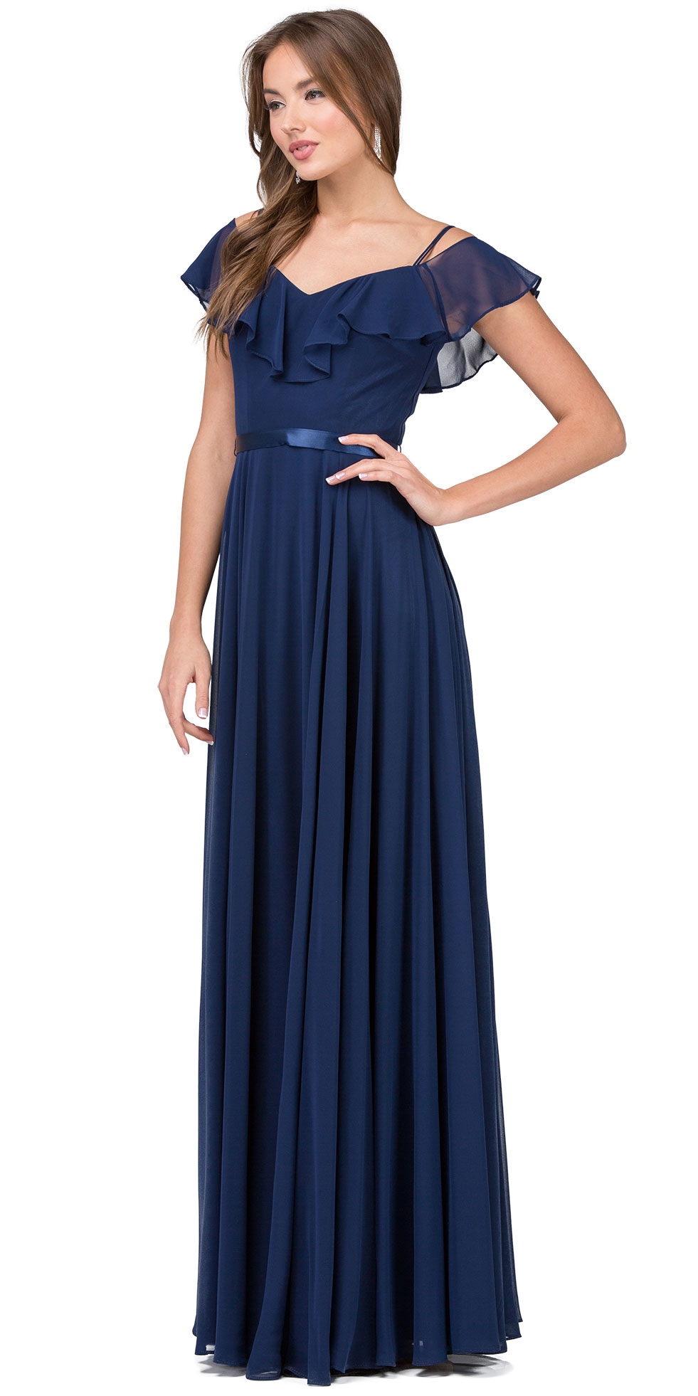 Cold Shoulder Frill Top Ribbon Waist Long Bridesmaid Dress — in Navy