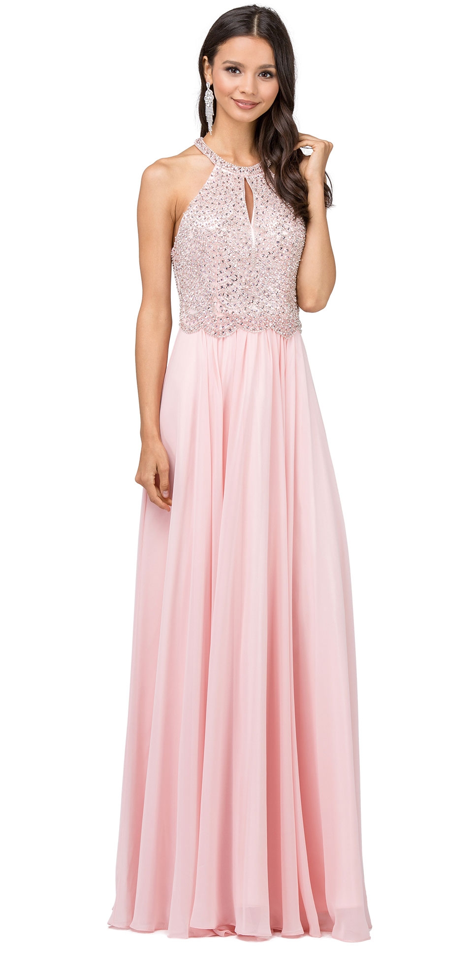 Embellished Bodice & Back Straps Long Prom Dress — in Blush