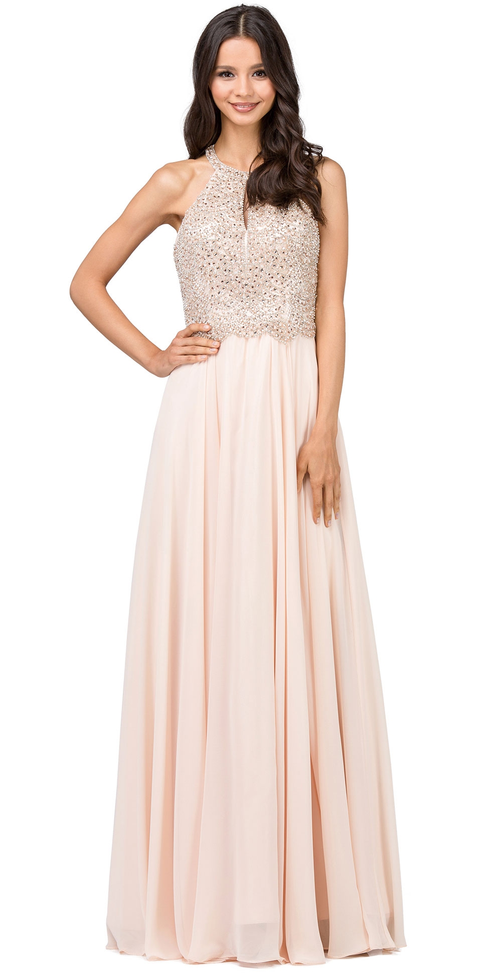 Embellished Bodice & Back Straps Long Prom Dress — in Champaign