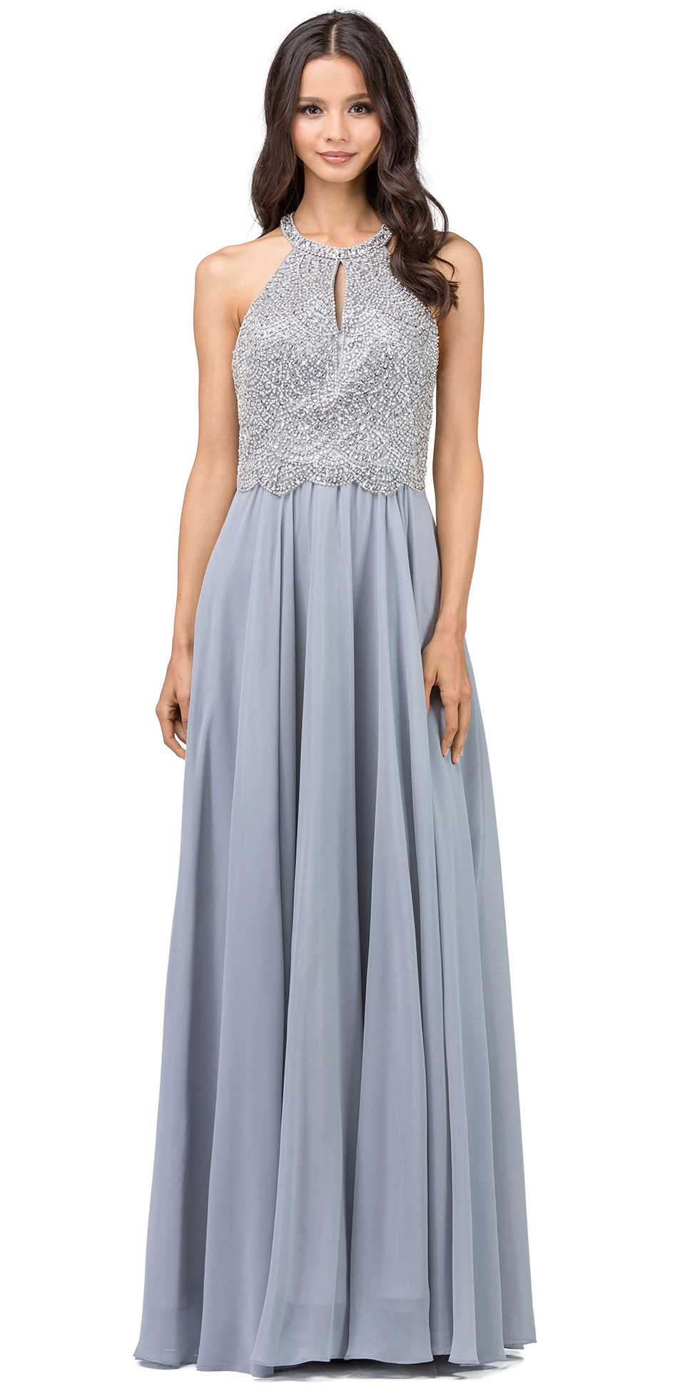 Embellished Bodice & Back Straps Long Prom Dress — in Silver
