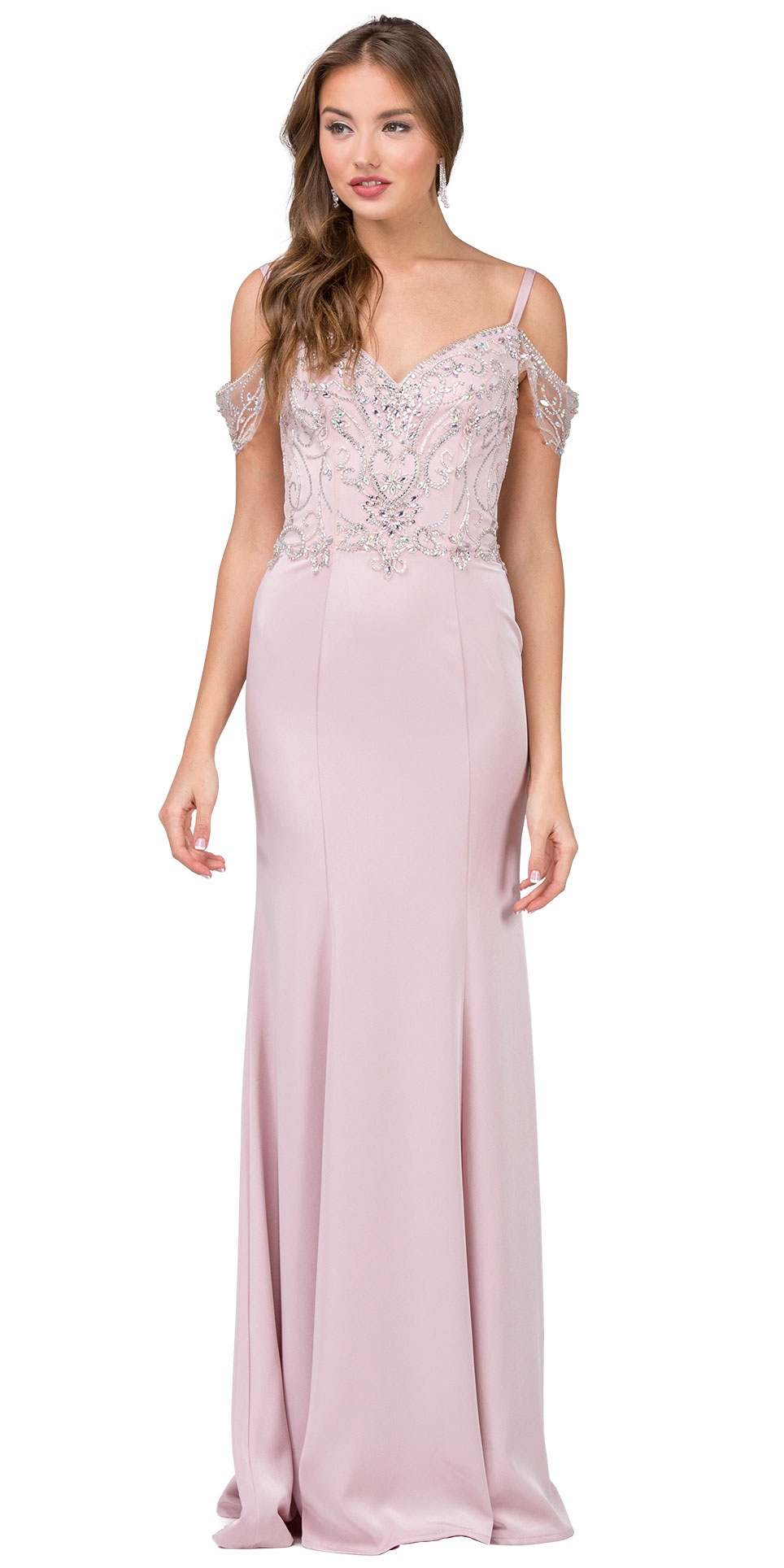 Rhinestones Bust Hanging Sleeves Long Prom Dress. — in Dusty Pink