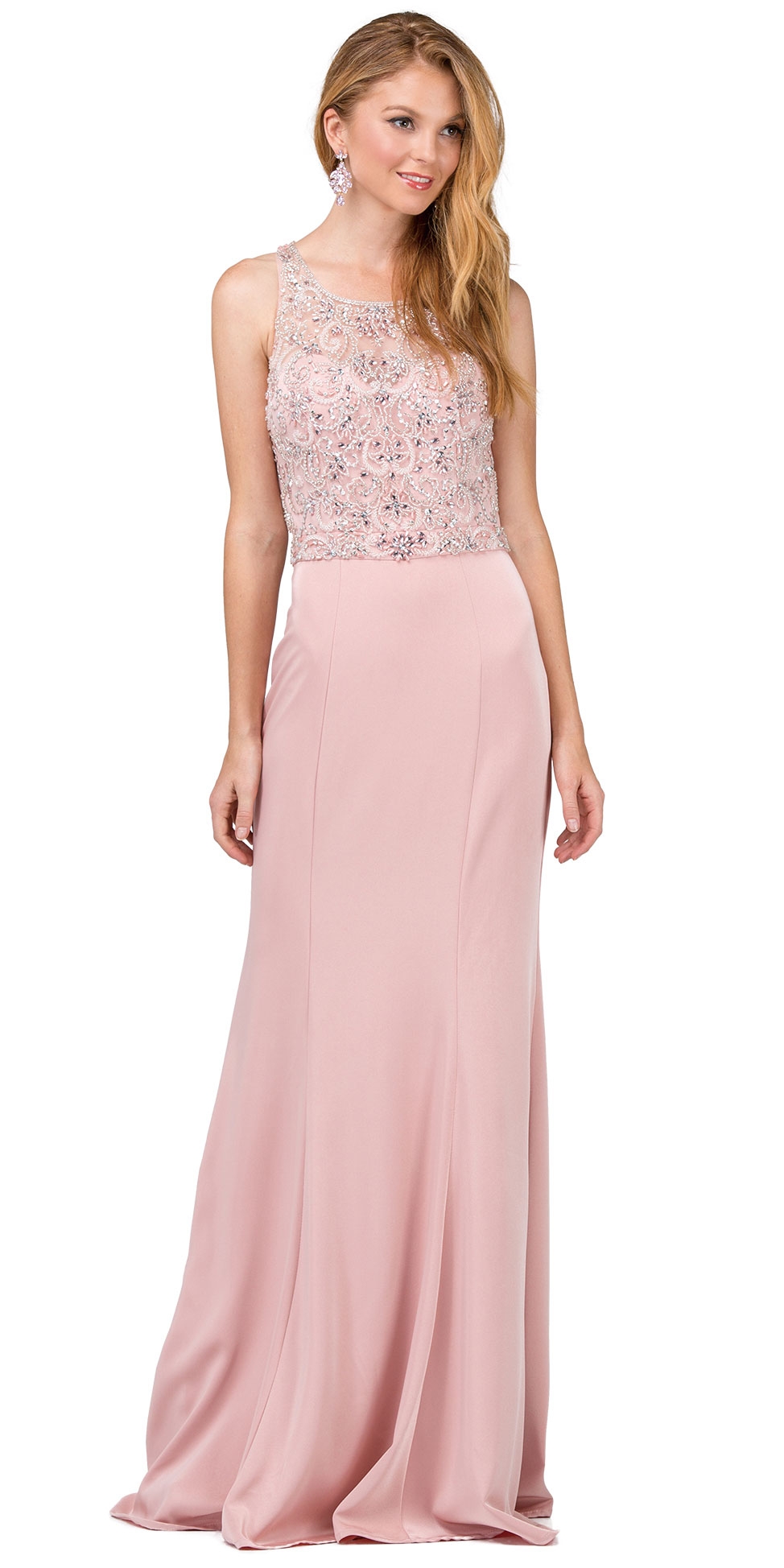 Bejeweled Bodice Round Neck Sleeveless Long Prom Dress — in Dusty Pink