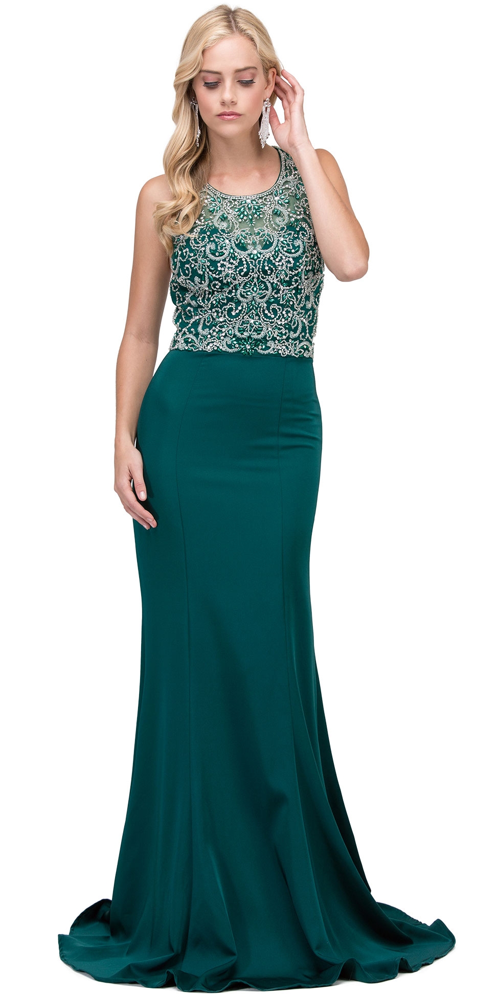 Bejeweled Bodice Round Neck Sleeveless Long Prom Dress