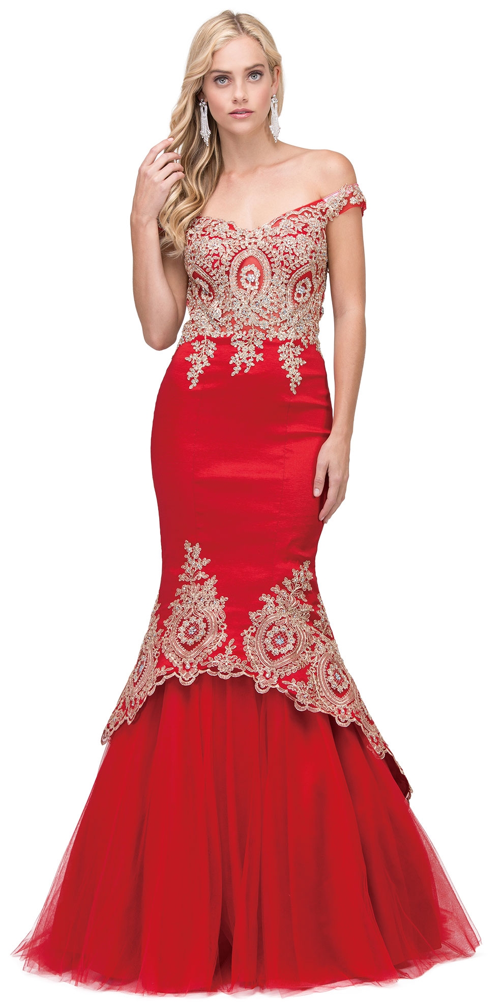 Lace Embellished Bodice Tulle Skirt Long Prom Dress — in Red
