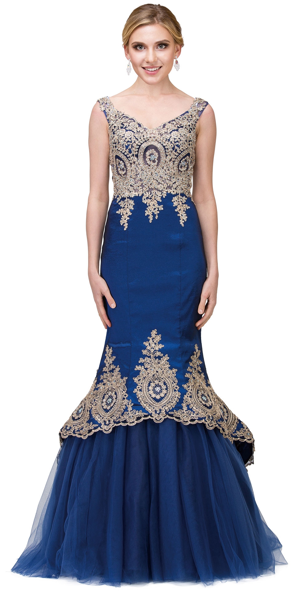 Lace Embellished Bodice Tulle Skirt Long Prom Dress — in Royal Blue