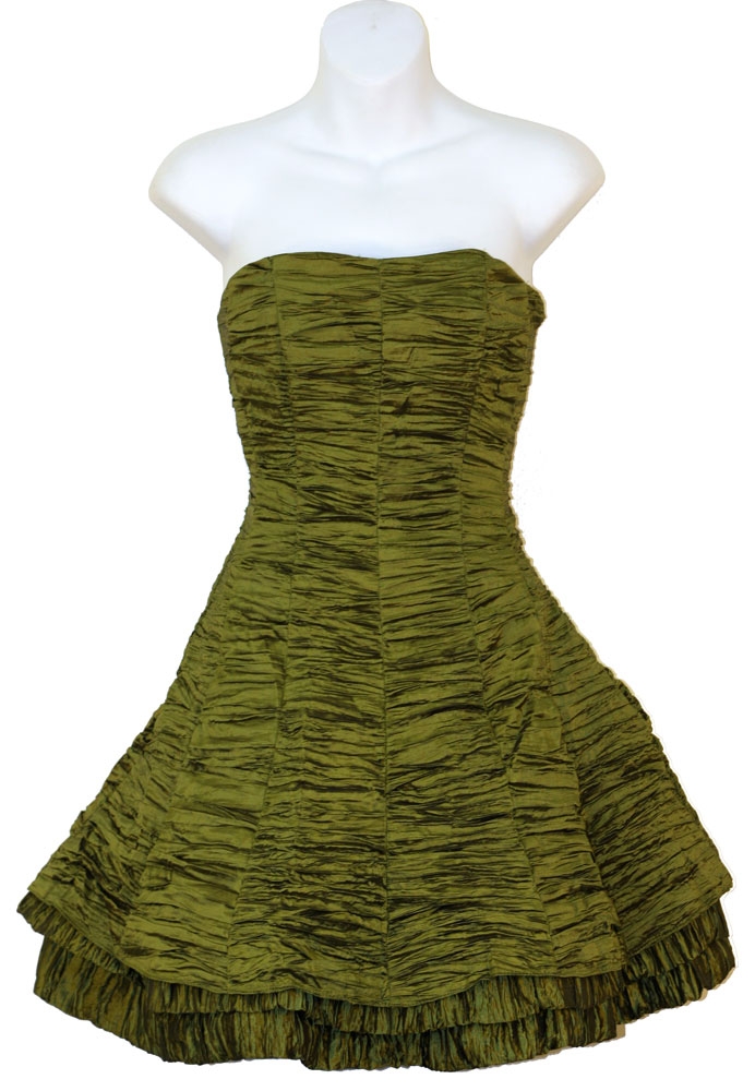 Shirred Short Party Dress — in Olive Green color