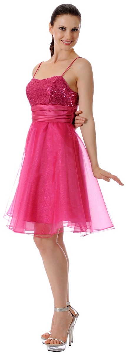 Sequin Bodice Crystal Mesh Skirt Short Party Dress — in Fuchsia