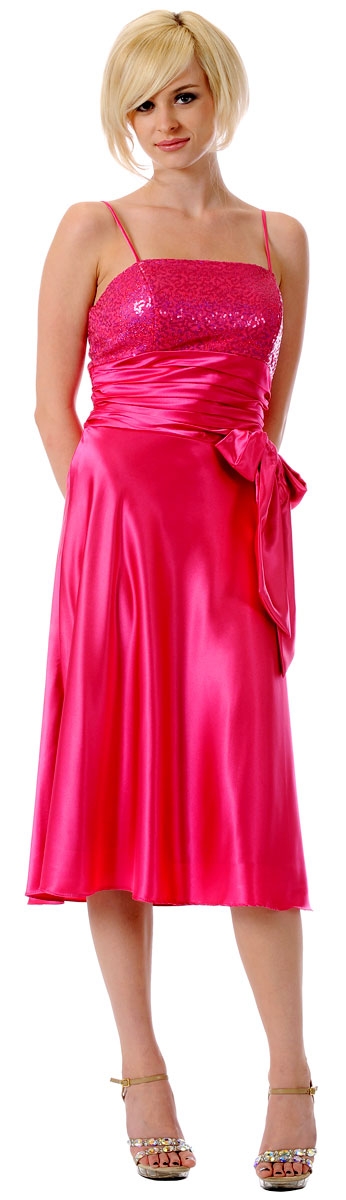 Sequin Bodice Spaghetti Formal Party Dress with Side Bow