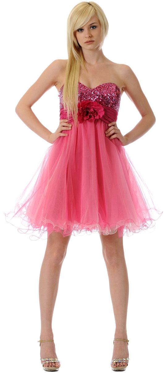 Strapless Flowered Waistline Sequin Party Dress — in Fuchsia