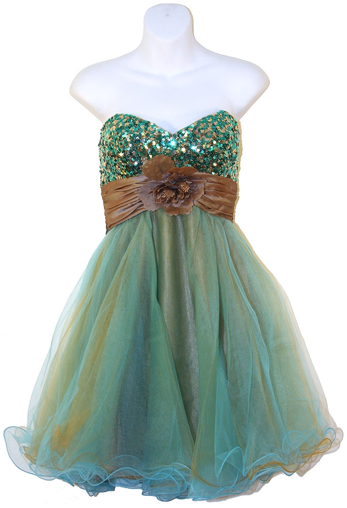 Strapless Flowered Waistline Sequin Party Dress — in Turquoise/Brown