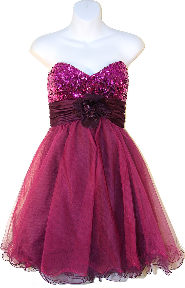 Strapless Flowered Waistline Sequin Party Dress — in Plum color
