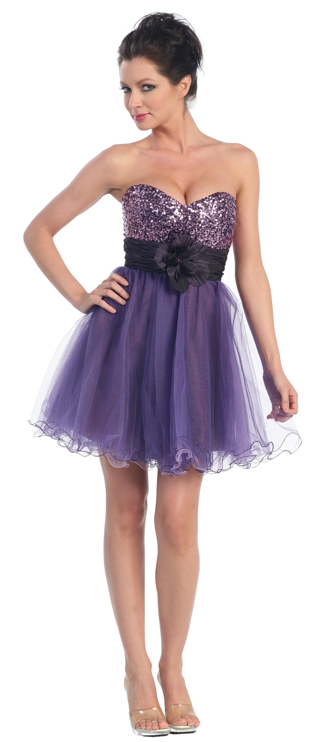 Strapless Flowered Waistline Sequin Party Dress