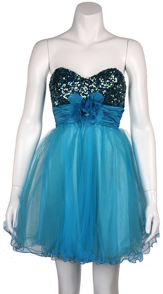 Strapless Flowered Waistline Sequin Party Dress — in Turquoise/Olive Green