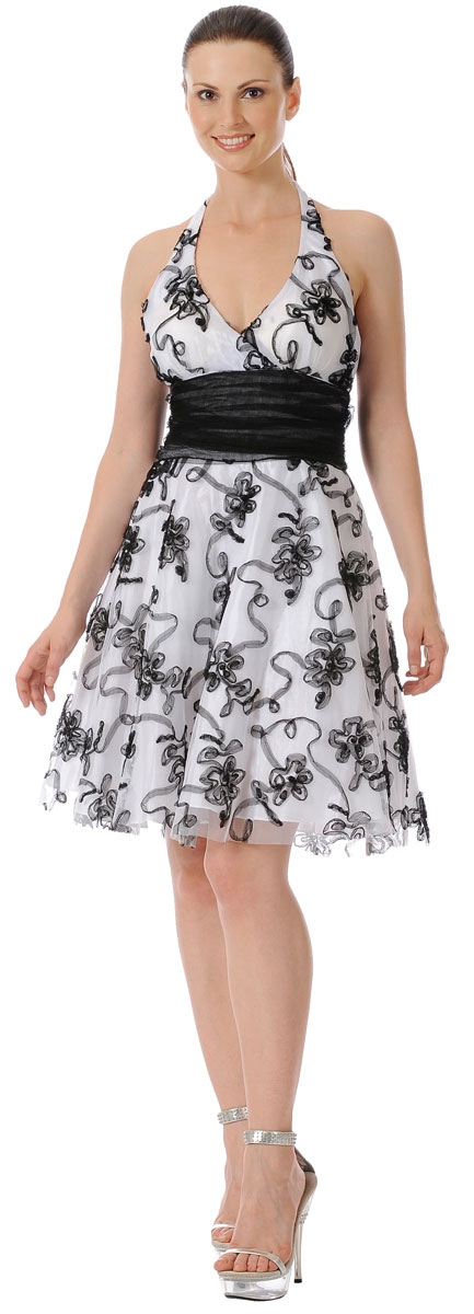 Two Tone Halter Neck Embroidered Party Dress