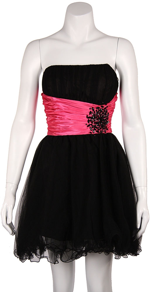 Short Prom Dress With Embellished Waistline — in Black/Fuchsia