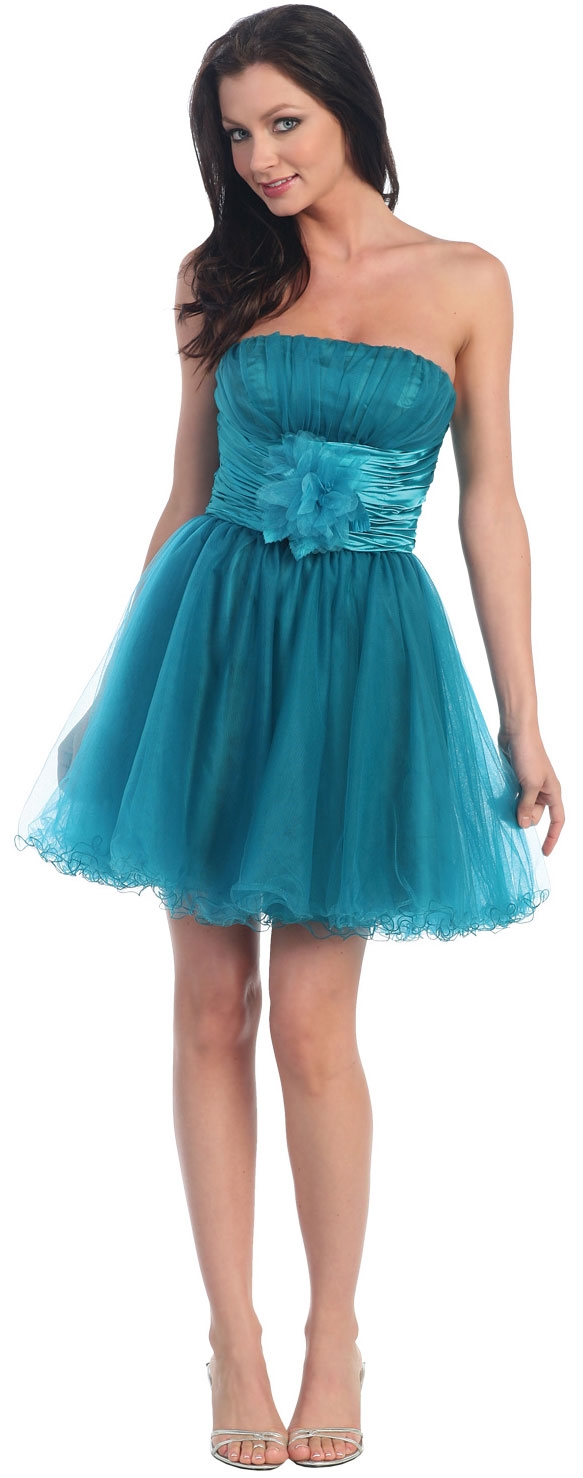 English Net Short Prom Dress With Flowered Waistline — in Teal