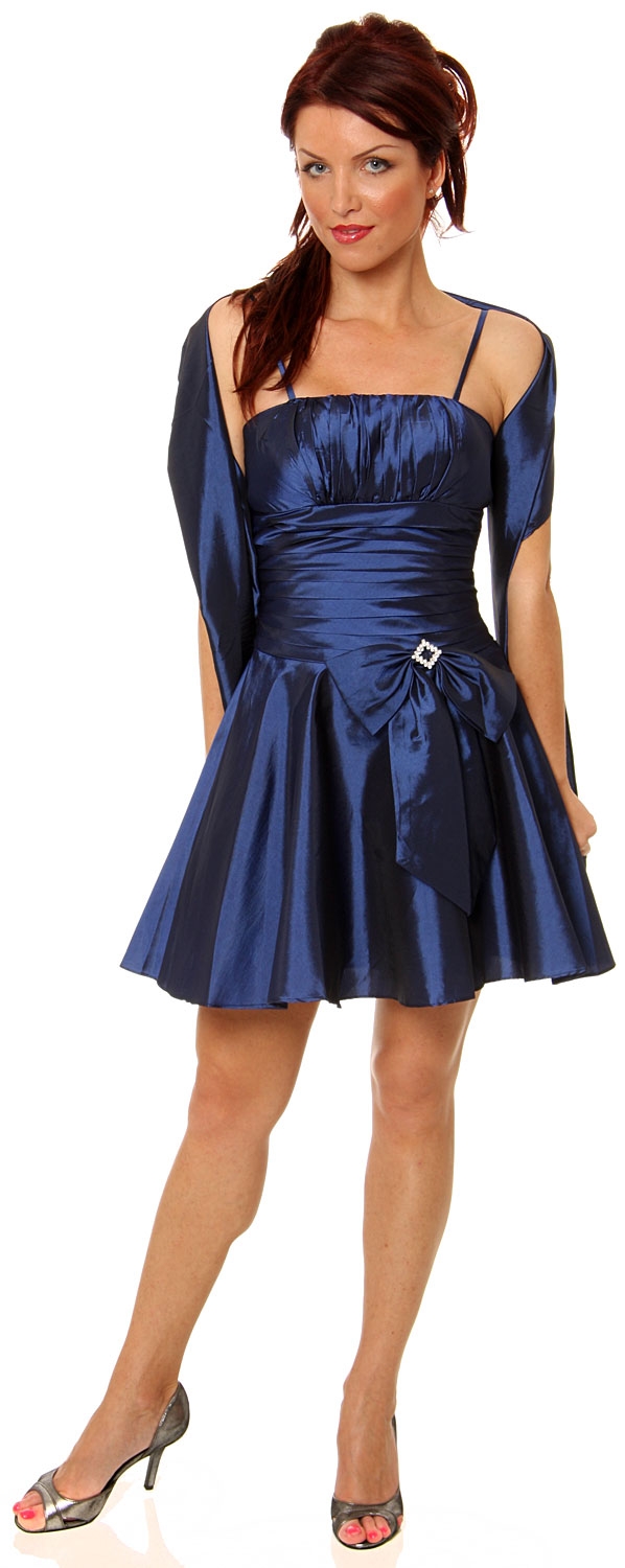 Shirred Bodice Short Party Dress with Bow Applique — in alternative image