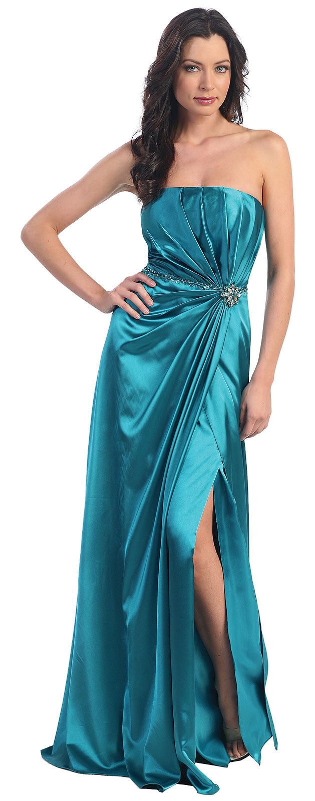 Strapless Goddess Wrap Formal Gown — in Teal