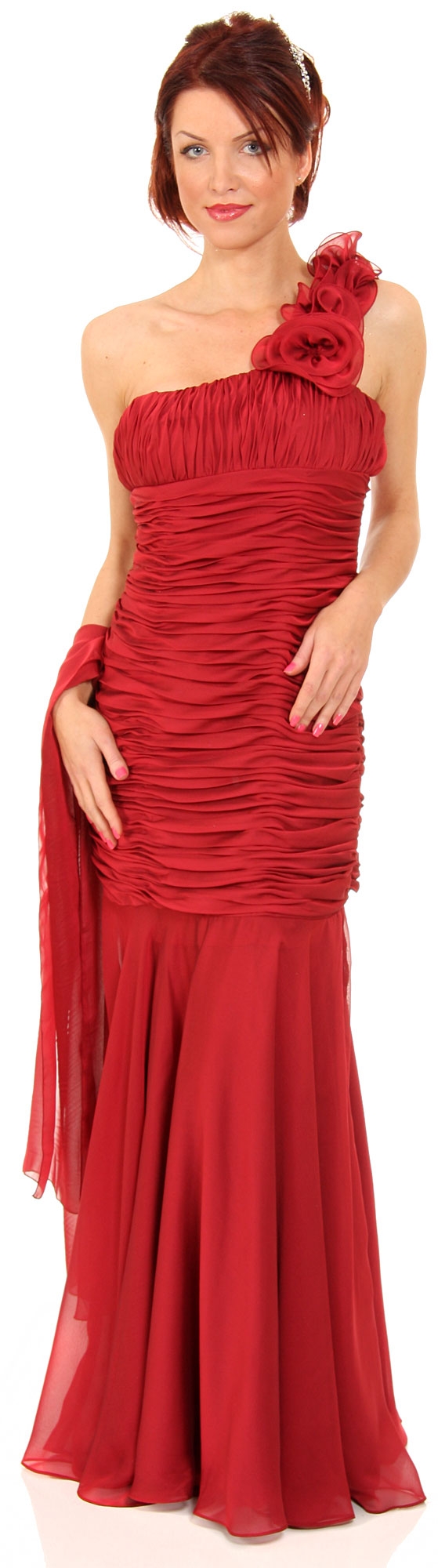 Shirred Single Shoulder Formal Evening Dress — in alternative image