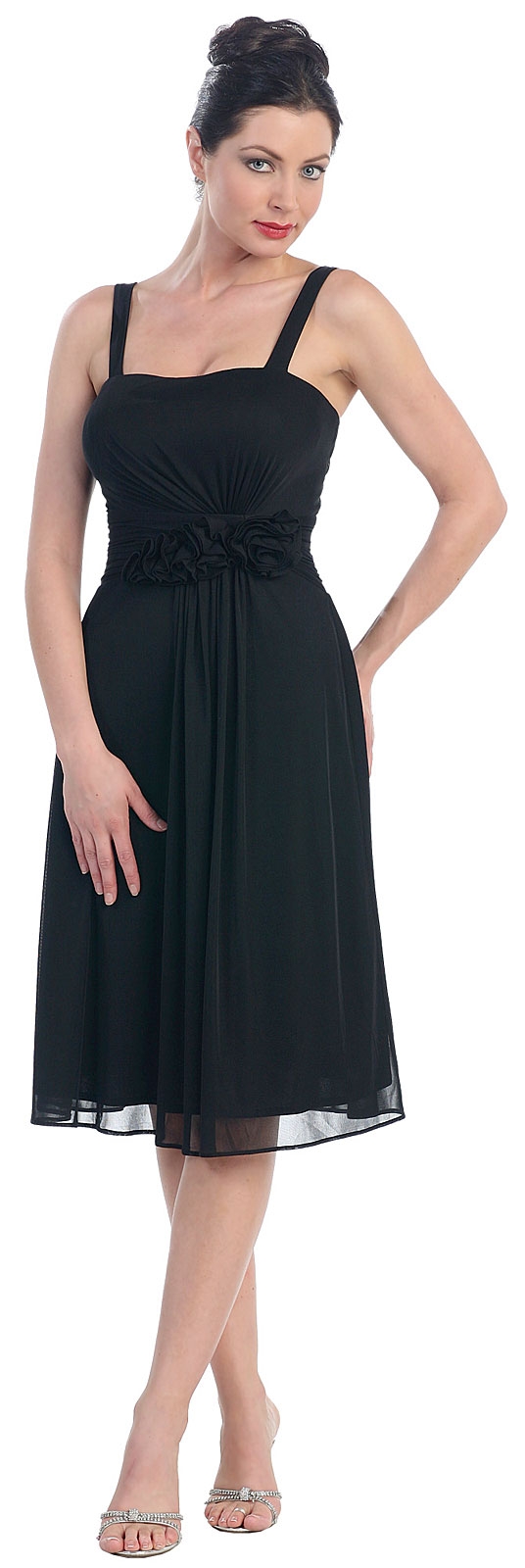 Tea Length Cocktail Dress with Floral Detail — in Black