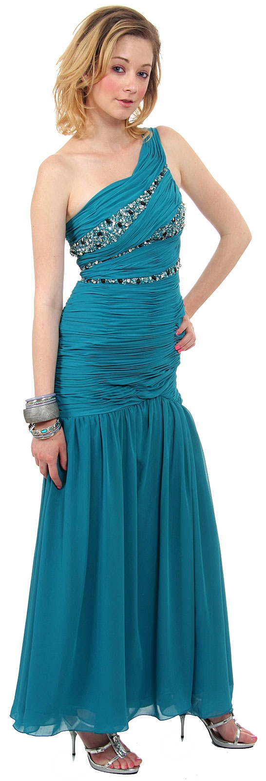One Shoulder Ruched Bodice Mermaid Formal Dress — in Teal