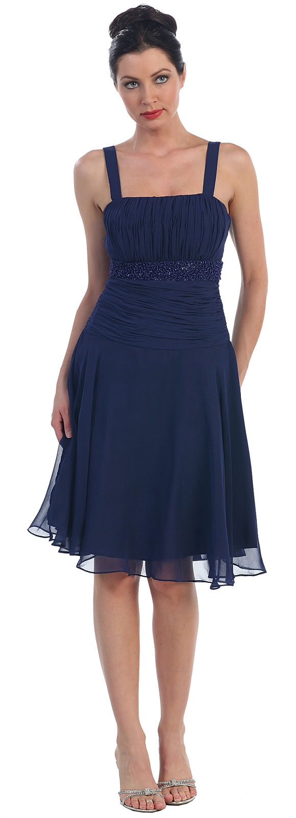 Tea Length Bridesmaid Dress with Embellished Waistline — in Navy Blue