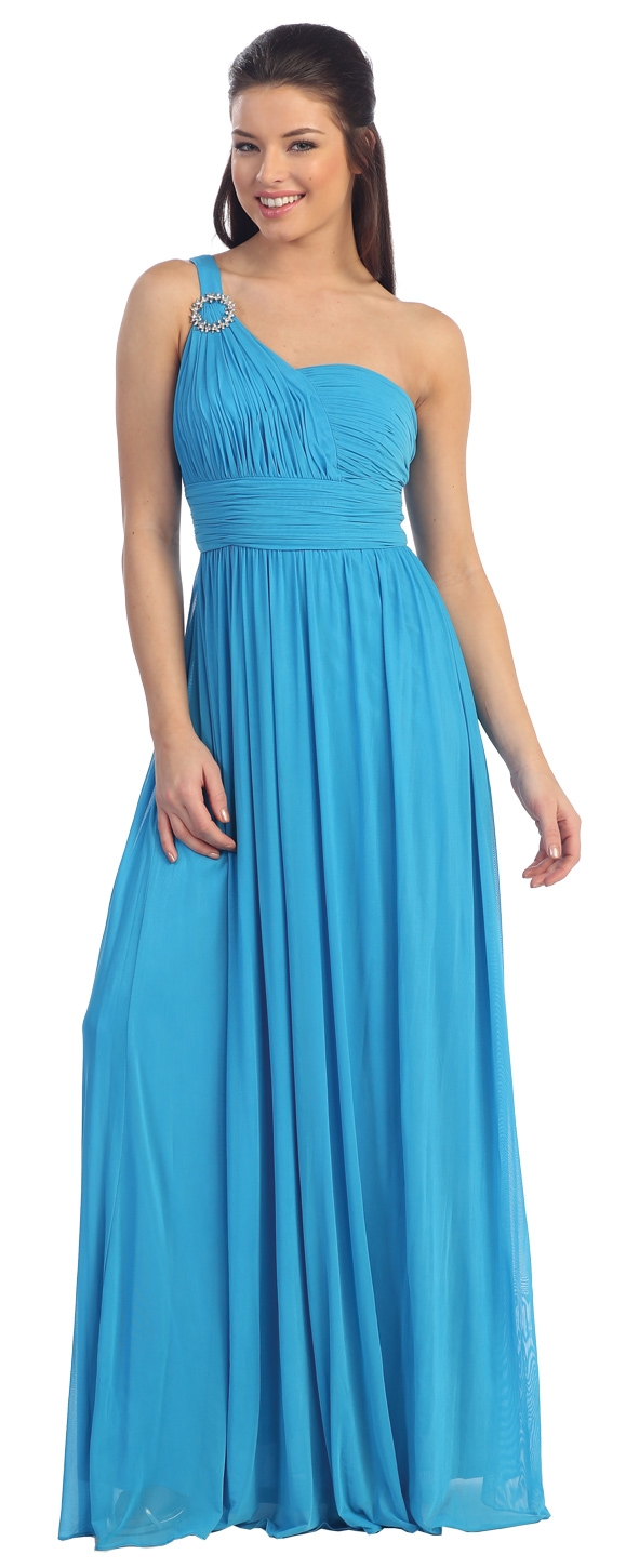 One Shoulder Long Formal Dress with Pleated Bodice