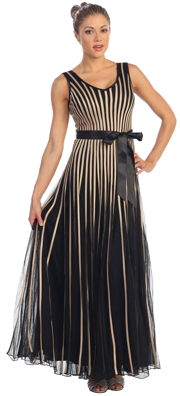 V-Neck Sleeveless Mesh Long Formal MOB Dress with Satin Bow